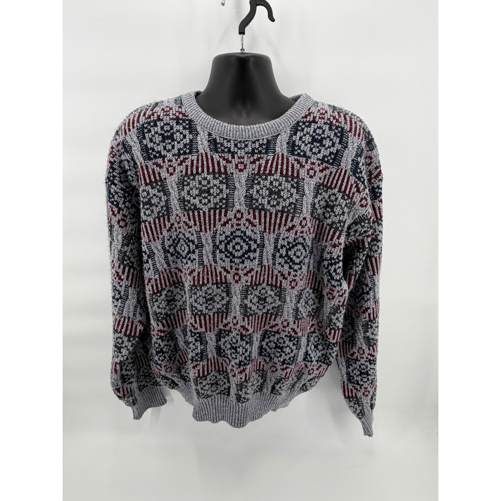 Vintage Jantzen Sweater Mens Large Gray Red Blue Geometric Knit Made in USA